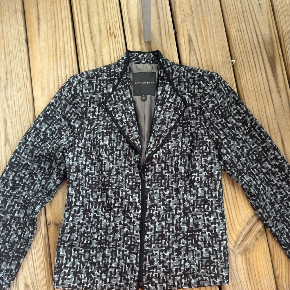 Classiques Entier Black & Gray Textured Zip Blazer Jacket Size 6
